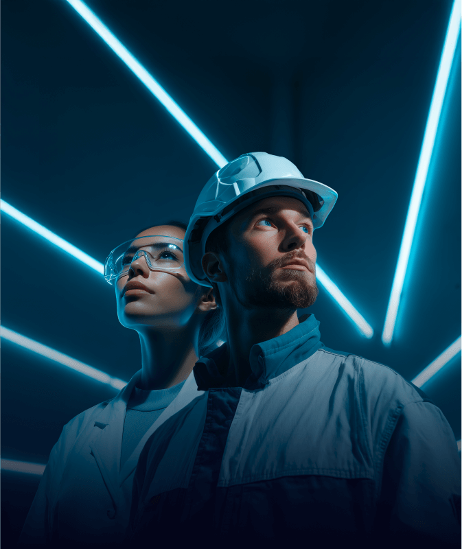 Deux professionnels du BTP regardant vers l’avenir dans une lumière bleue futuriste.