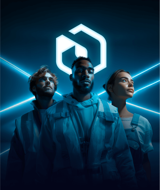 Groupe de jeunes professionnels devant le logo Avenria dans une mise en scène futuriste.