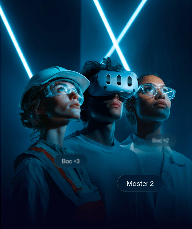 Trois personnes équipées de casques VR observant un environnement virtuel.
