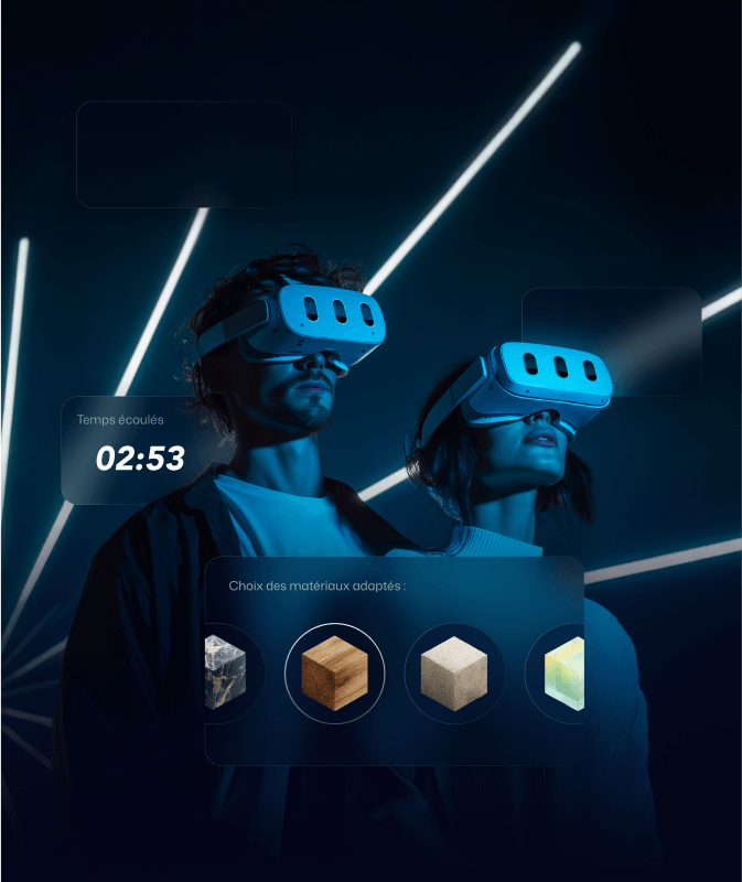 Deux utilisateurs en casque VR sélectionnant des matériaux virtuels.