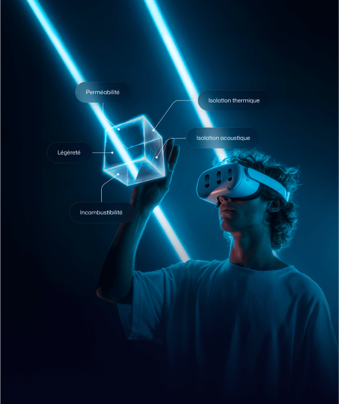 Personne en casque VR interagissant avec une projection holographique de matériau isolant.