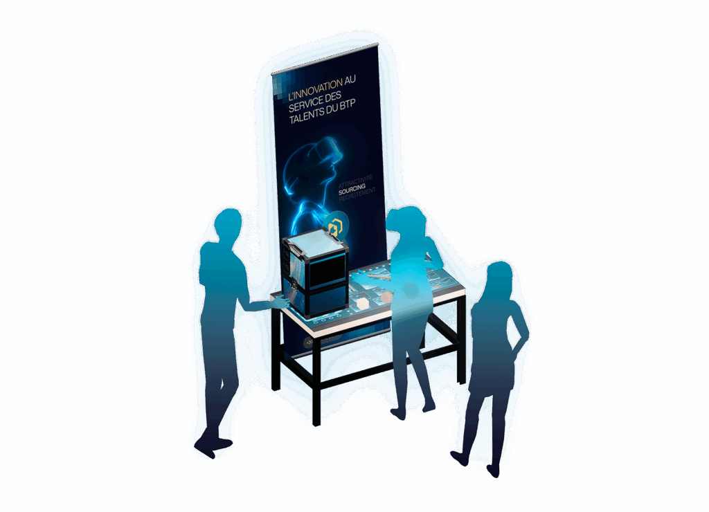 Installation interactive Avenria avec stand de démonstration et table tactile.