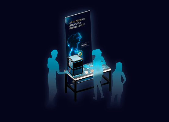 Installation interactive Avenria avec stand de démonstration et table tactile.