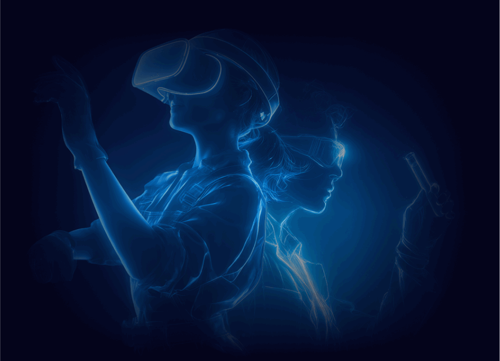 Illustration bleue de professionnels en réalité virtuelle et scientifique manipulant des outils.