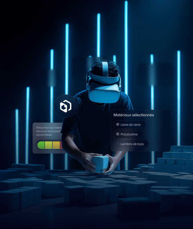 une homme avec un casque VR touche un bloc