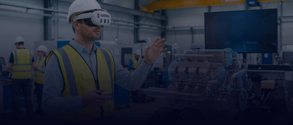 Ingénieur analysant un moteur automobile virtuel en éclaté grâce au learning immersif Avenria.