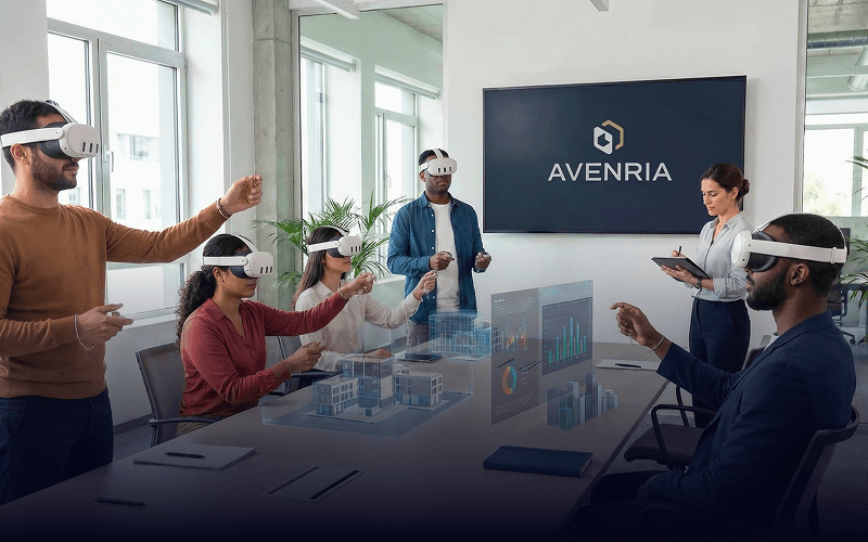 Équipe en réunion collaborative utilisant des casques VR Avenria pour visualiser une maquette architecturale 3D.